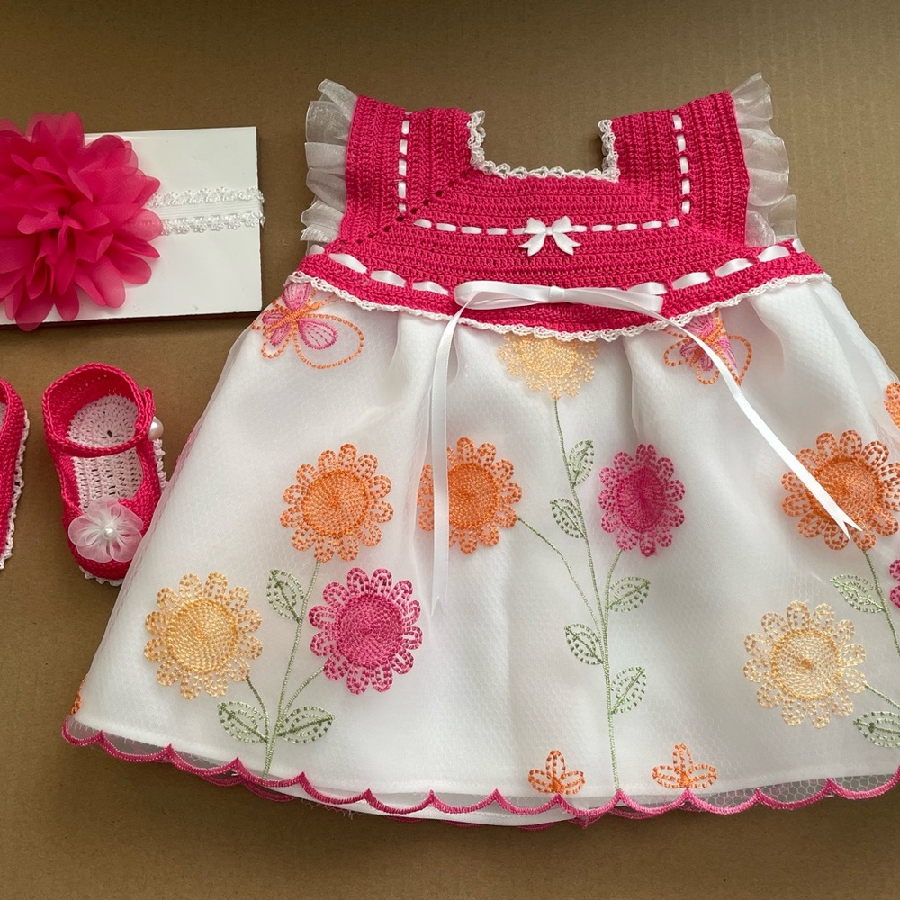 Hand Crafted Hotpink and White Formal Dress with Floral Design